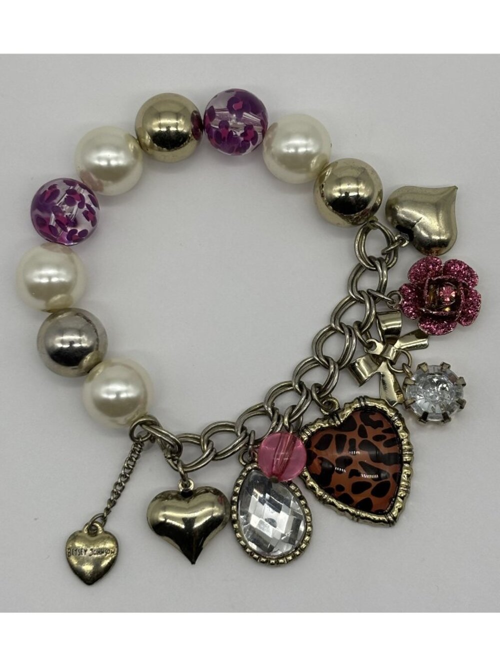 Vintage Betsey Johnson Stretch Charms Bracelet Wild Kingdom Leopard Love, Signed